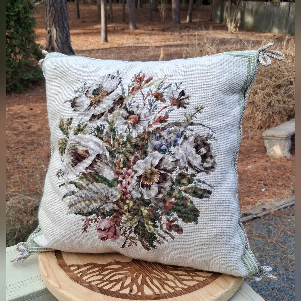 Vintage French Country Hand Stitched Floral Petit Point Wool Cotton Pillow Cover